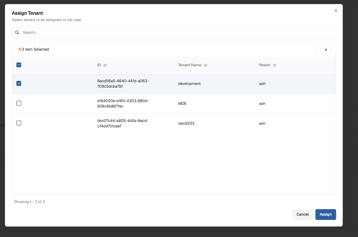 Assign Tenant Section